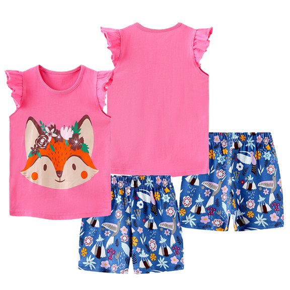 KYAIGUO Toddler Kids Girls Summer Shorts Set Outfits Baby Funny Cartoon Pattern T-Shirts and Shorts Set for 2-8 Years Old
