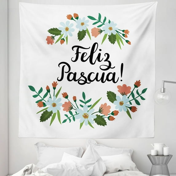 Spanish Tapestry, Feliz Pascua Happy Easter Celebration with Floral Wreath Greeting Joy Calligraphy, Fabric Wall Hanging Decor for Bedroom Living Room Dorm, 5 Sizes, Multicolor, by Ambesonne