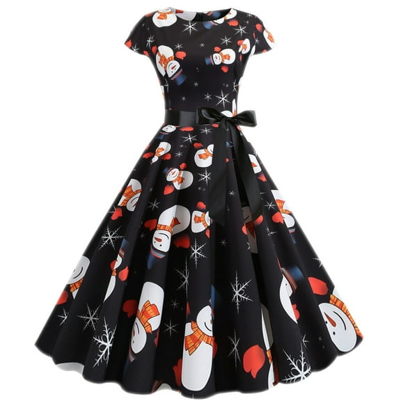 BLTIBY 2024 Women's Vintage Christmas Dress Xmas Printed 1950s Rockabilly Swing Dresses Short Sleeve Round Neck Lace Cocktail Prom Party Dress Outfits with Belt Black L