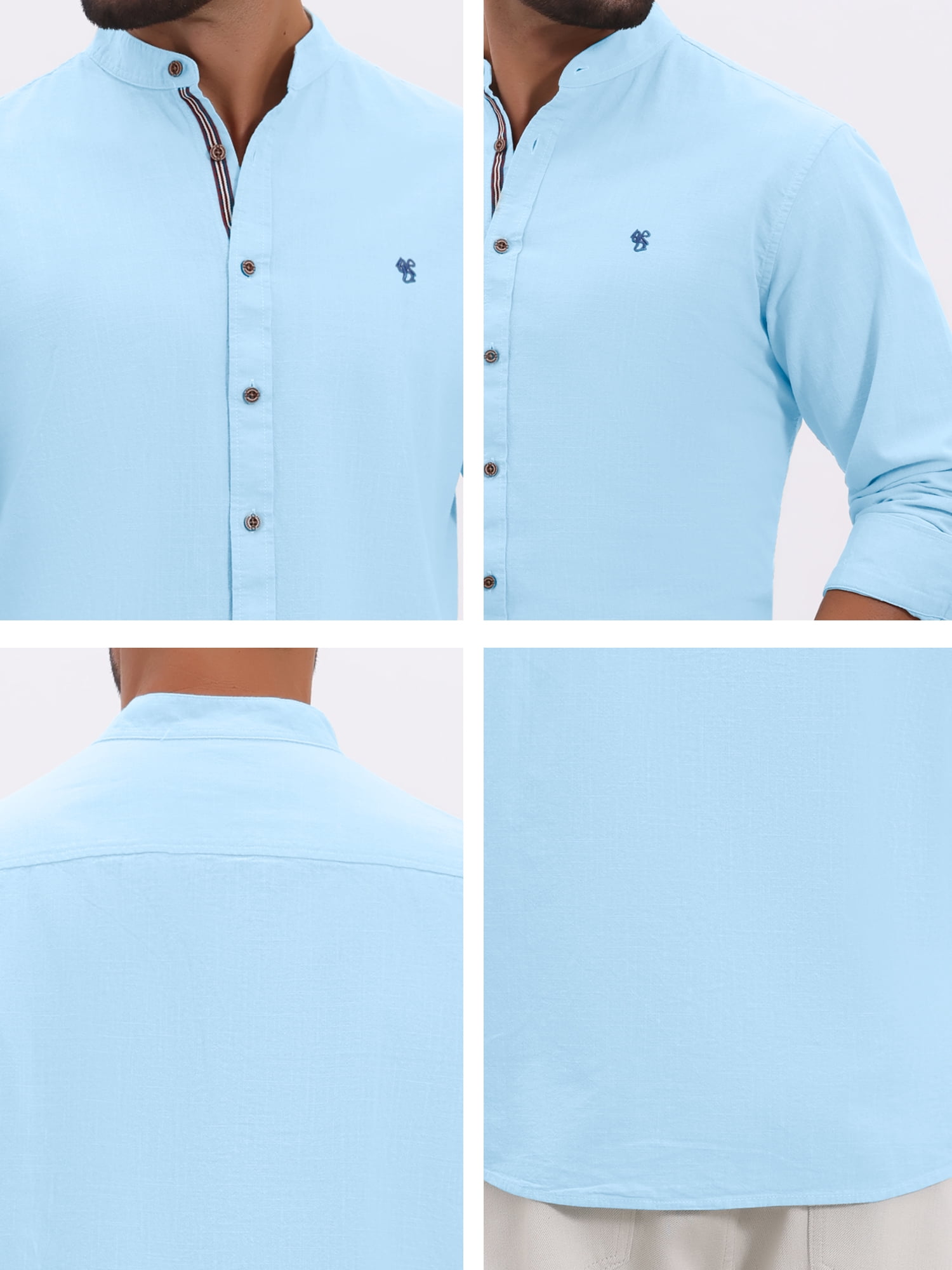 DARING DIVA Men's Stand Collar Long Sleeves Button Down Linen Shirts S Light Blue