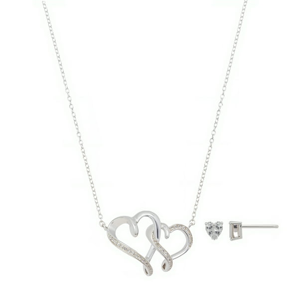 Believe by Brilliance Women's Silver Plated Cubic Zirconia Interlocking Heart Pendant Necklace and Stud Earring Set, 18 2"