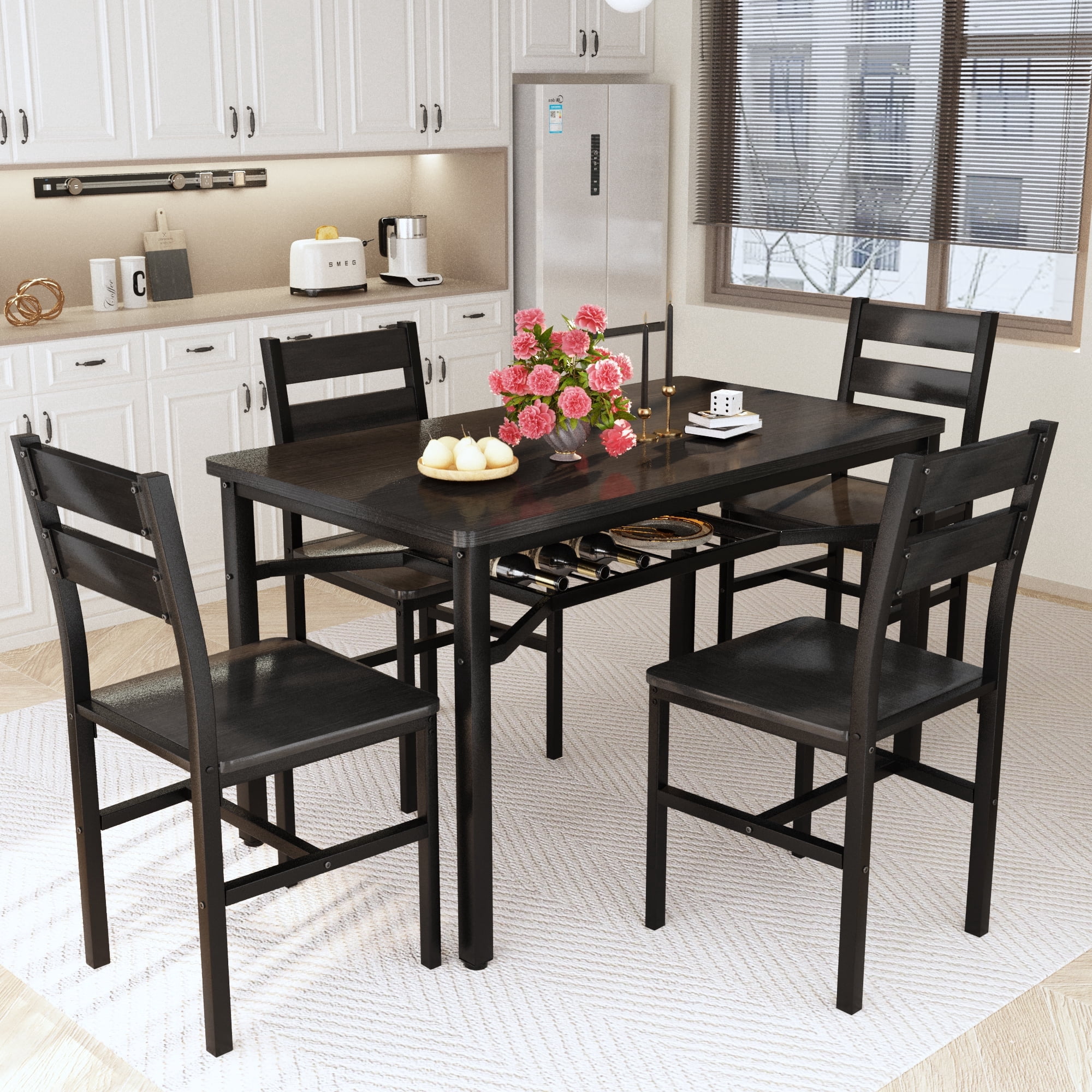Baxluxe 4-person dining table set, farmhouse-style wooden kitchen dining table and chair set, farmhouse 5-piece dining table set with storage rack, small kitchen dining table set,Black