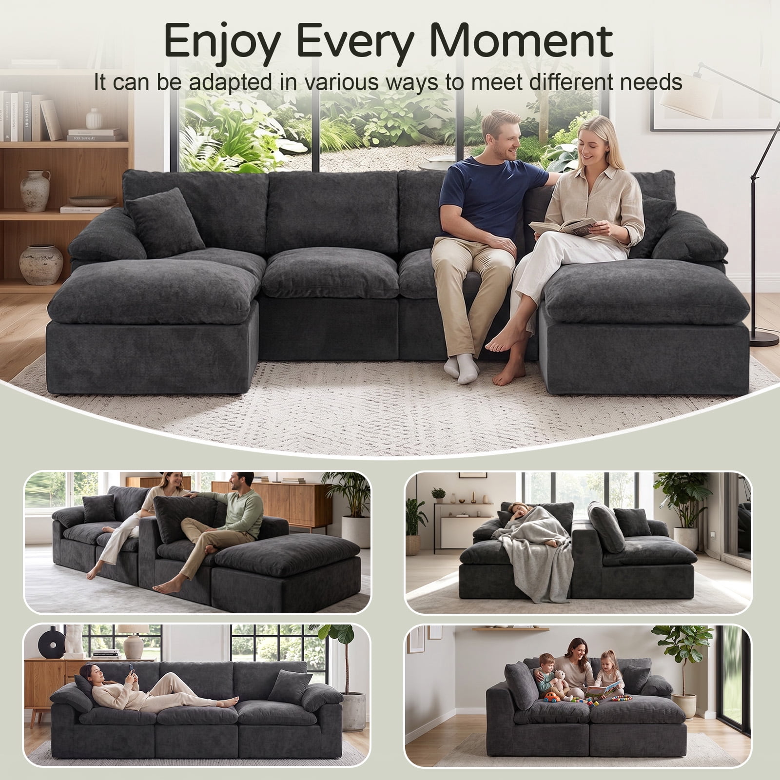 Aisword 130" Modular Sectional Sofa,Oversized Cloud Couch with Movable Ottoman,U-Shaped Convertible Boneless Sofa,Deep Seat Chenille Sectional Couch for Living Room,Black