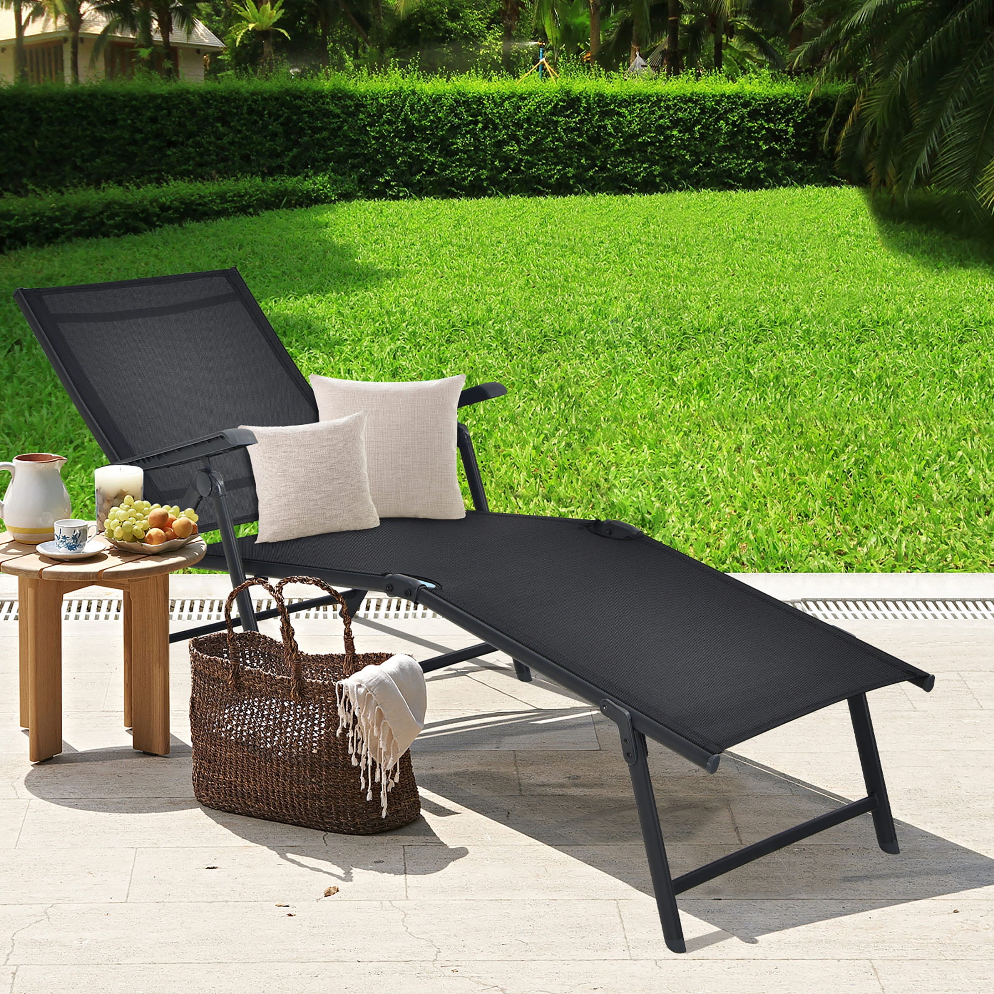 Gymax Set of 2 Outdoor Adjustable Chaise Lounge Chair Patio Folding Recliner Lounge Black