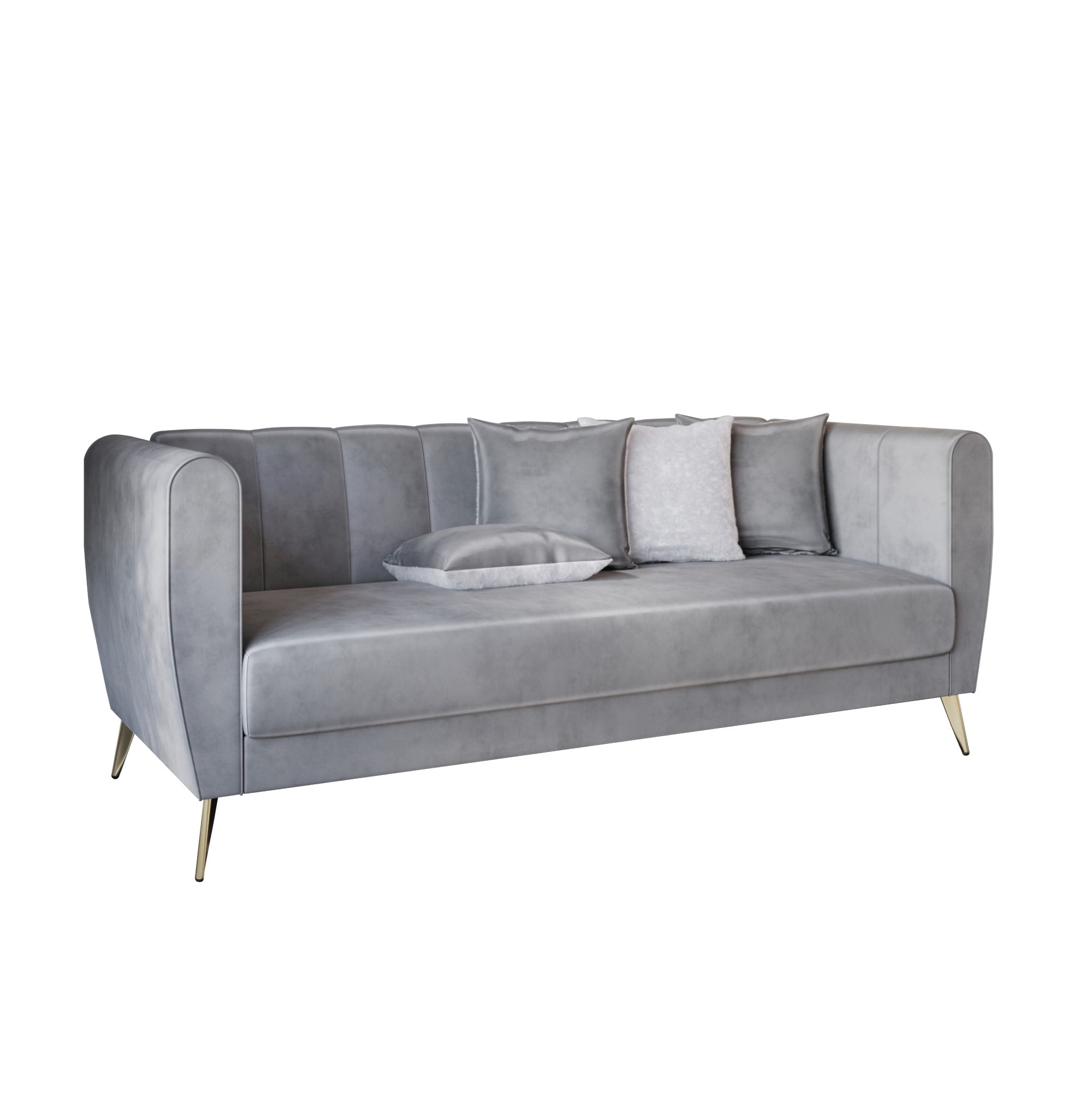 Home Design Scarlett Velvet Flared Arm 3-Seater Sofa with 4 Throw Pillows, Vertical Channel Tufting and Metal Legs, Modern Luxury, Silver Gray