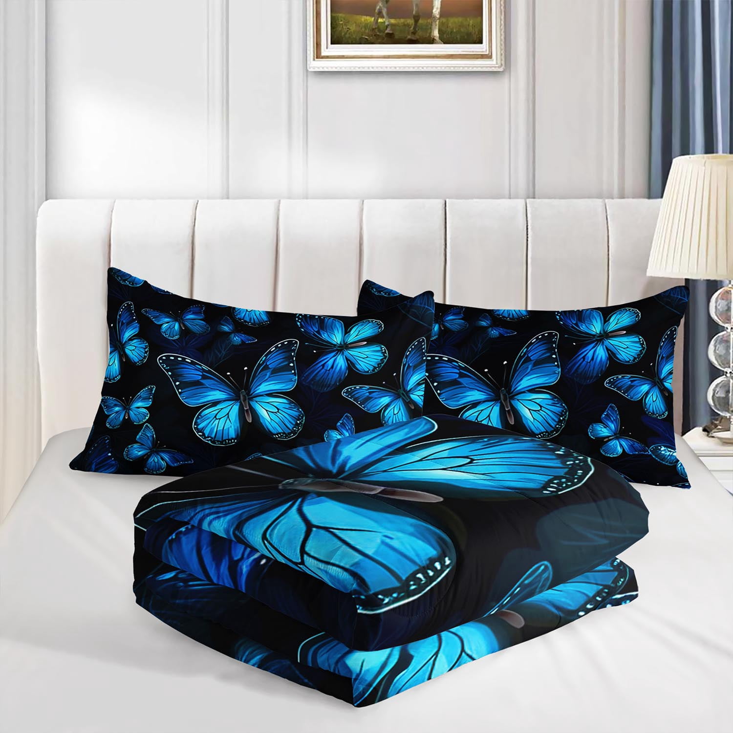 3pcs Blue Butterfly Comforter Set, Vibrant Butterfly Bedding Set for Bedroom or Guest Room Decor, All Seasons Quilt Machine Washable Duvet with 2 Pillowcases
