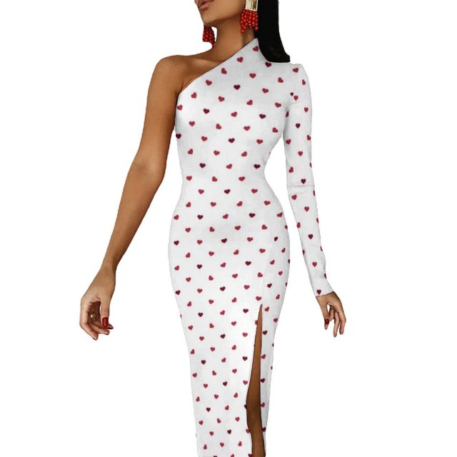 Petit Motif Cœurs Rouges et Foncés Parfait pour la Saint-Valentin Ou Cadeau d'Amour Robe Fendue Demi-Dleeve Robes d'Été