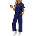 thumbnail image 3 of 2 Piece Sets for Women Casual Summer Travel Vacation Outfits Short Sleeve Wide Leg Crop Pants Lounge Sets Dark Blue XXL, 3 of 7