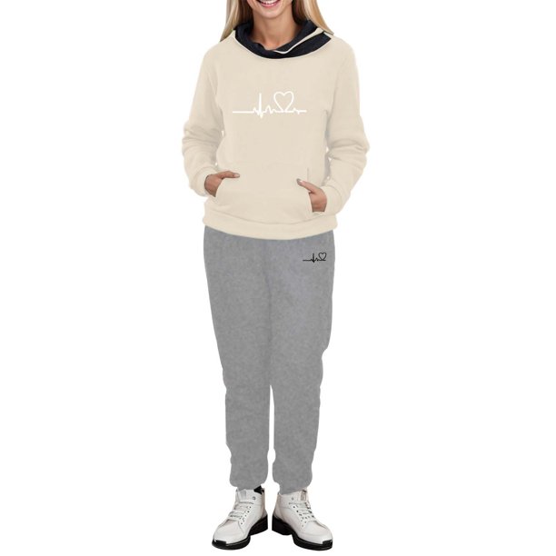 Gibobby Conjunto de sudadera y pantalones Sudadera con capucha de manga larga y forro polar para mujer con estampado de corazones, incluida la parte superior (GY1,M)