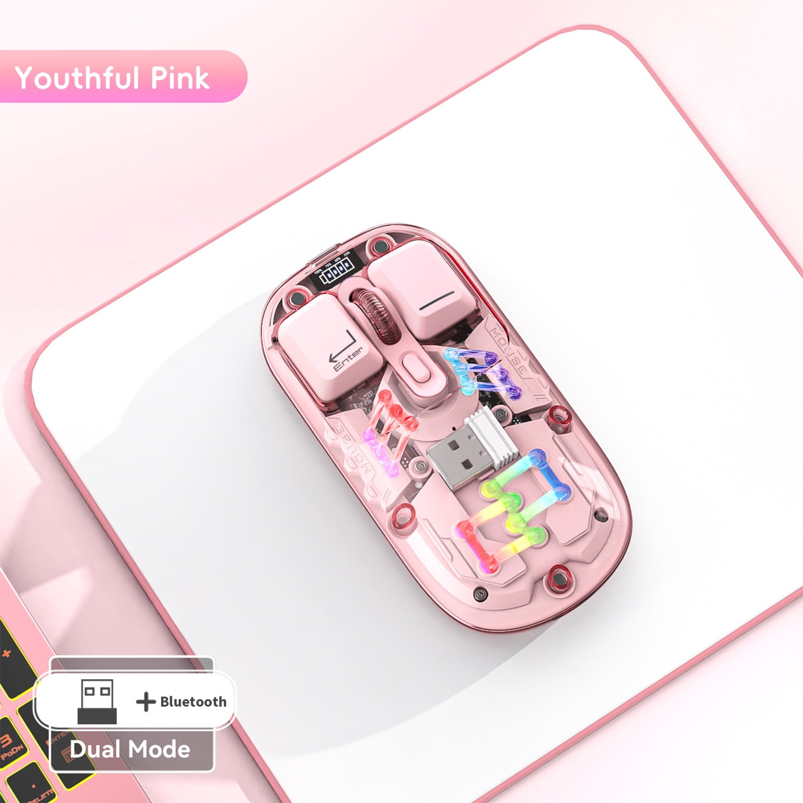 Transparent Wireless Mouse RGB — 4G Bluetooth 5.0 Type-C Rechargeable 1600DPI | White Pink Purple 4.44x2.28x0.98 Inch