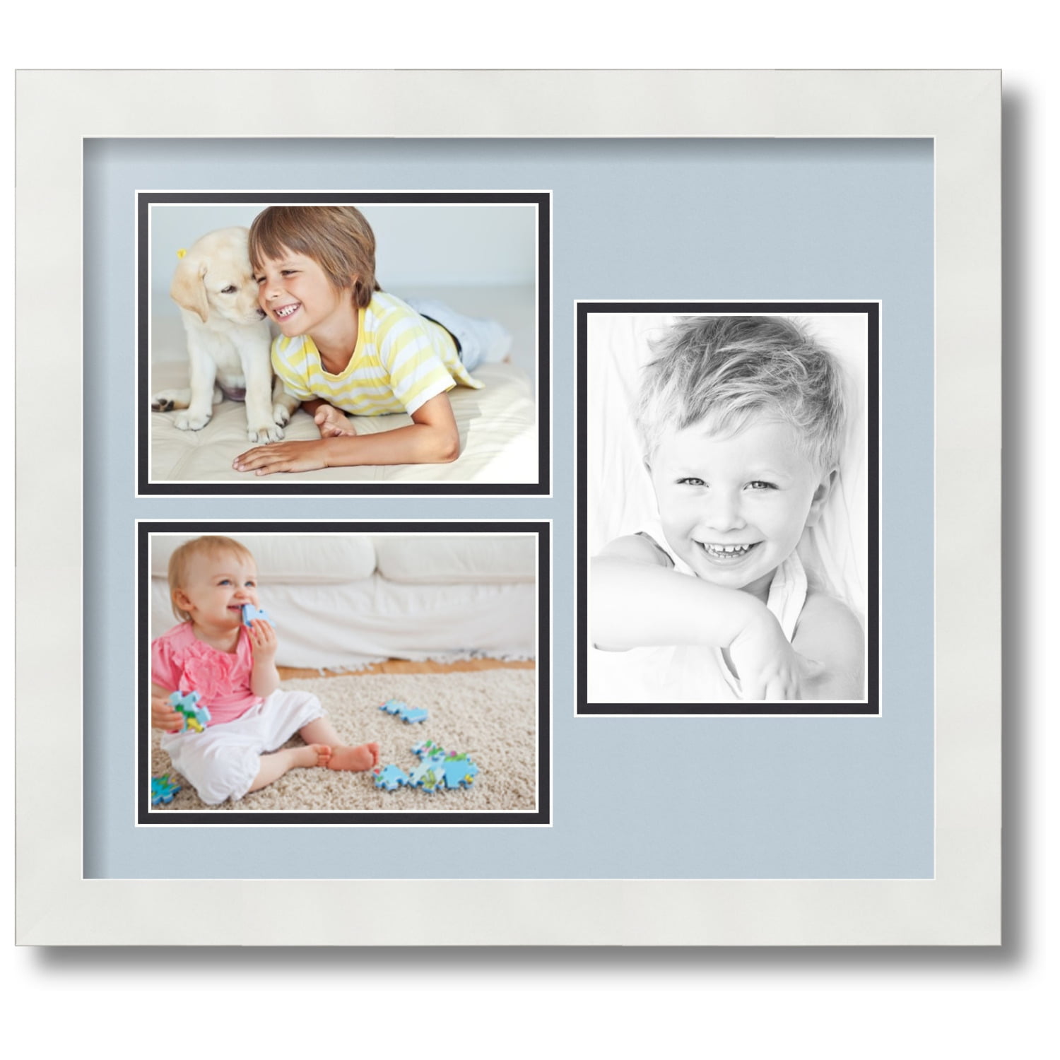 ArtToFrames Collage Photo Picture Frame with 3 5x7 Openings, Framed in White with Baby Blue