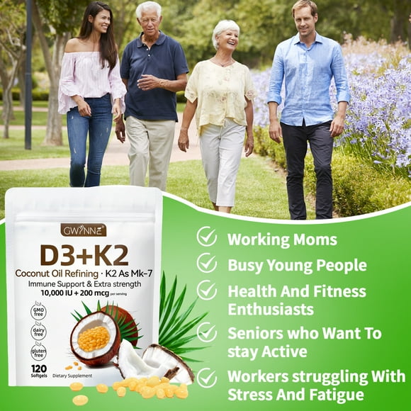 GWYNNE Vitamina D3 (10 000 UI) + K2 (MK-7) Cápsulas blandas (con aceite de coco para facilitar la absorción)