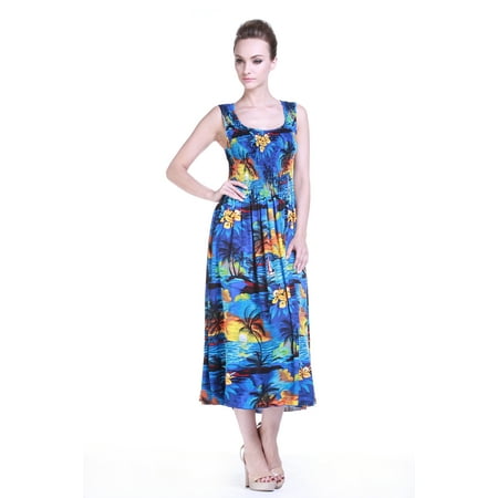 Hawaiian Dress Luau Dress Maxi Long Tank Elastic Dress in Sunset Blue