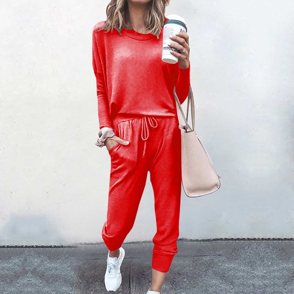 AnuirheiH 2 piece Women Jogger Set , Solid Color Crew Neck Sweatshirts Women Long Sleeve Irregular Pullover Top/Shirt Comfy Set Womens Activewear Sets