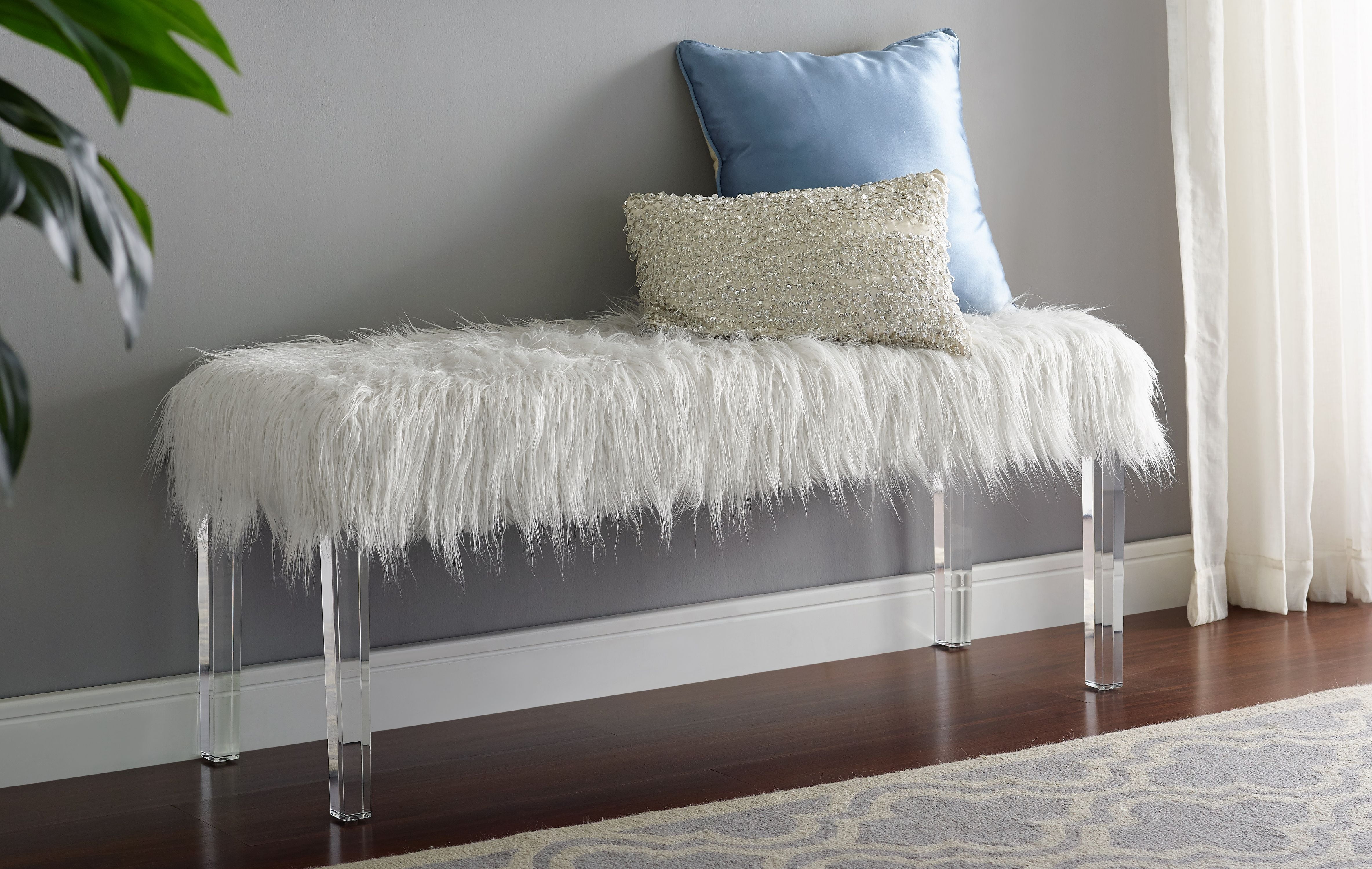 Buy Valley White Faux Fur Bench with Acrylic Legs Online at Lowest