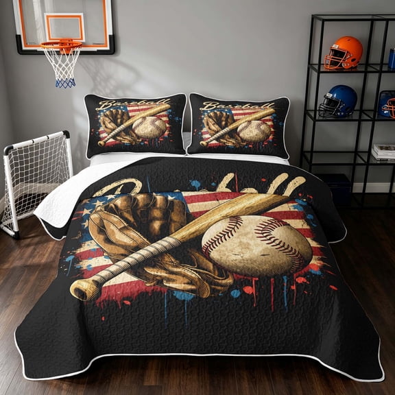 Manfei Baseball Twin Quilt Set, Sport Gamer Twin Coverlet Set, Red Blue Black, Black Reversible 2-Piece, 1 Bedspread and 1 Pillowcase