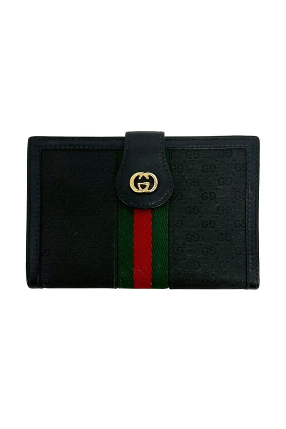 Pre-Owned GUCCI Old Gucci Sherry Line Micro GG Logo Hardware Leather Bi-fold Wallet Black 33588