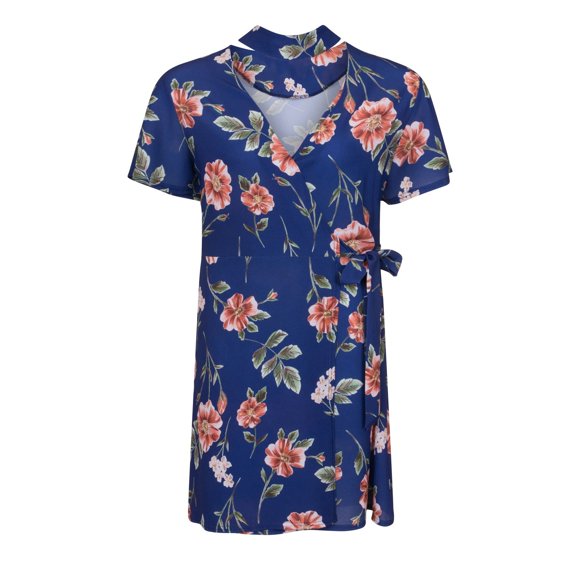 Girls On Film Curvy Womens Navy Rose Print Wrap Dress