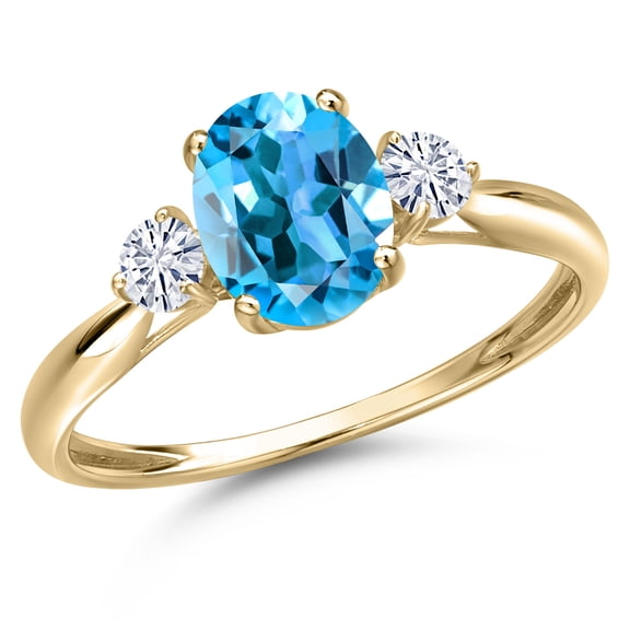 Gem Stone King 10K Yellow Gold Swiss Blue Topaz and White Moissanite 3-Stone Ring for Women | 1.70 Cttw | Oval 8X6MM | Gemstone November Birthstone | Size 9