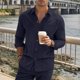 thumbnail image 1 of Blusa y camisa de manga larga con cuello vuelto para hombre, estilo informal, color liso, con solapa, bolsillo y botones, de poliéster., 1 of 8
