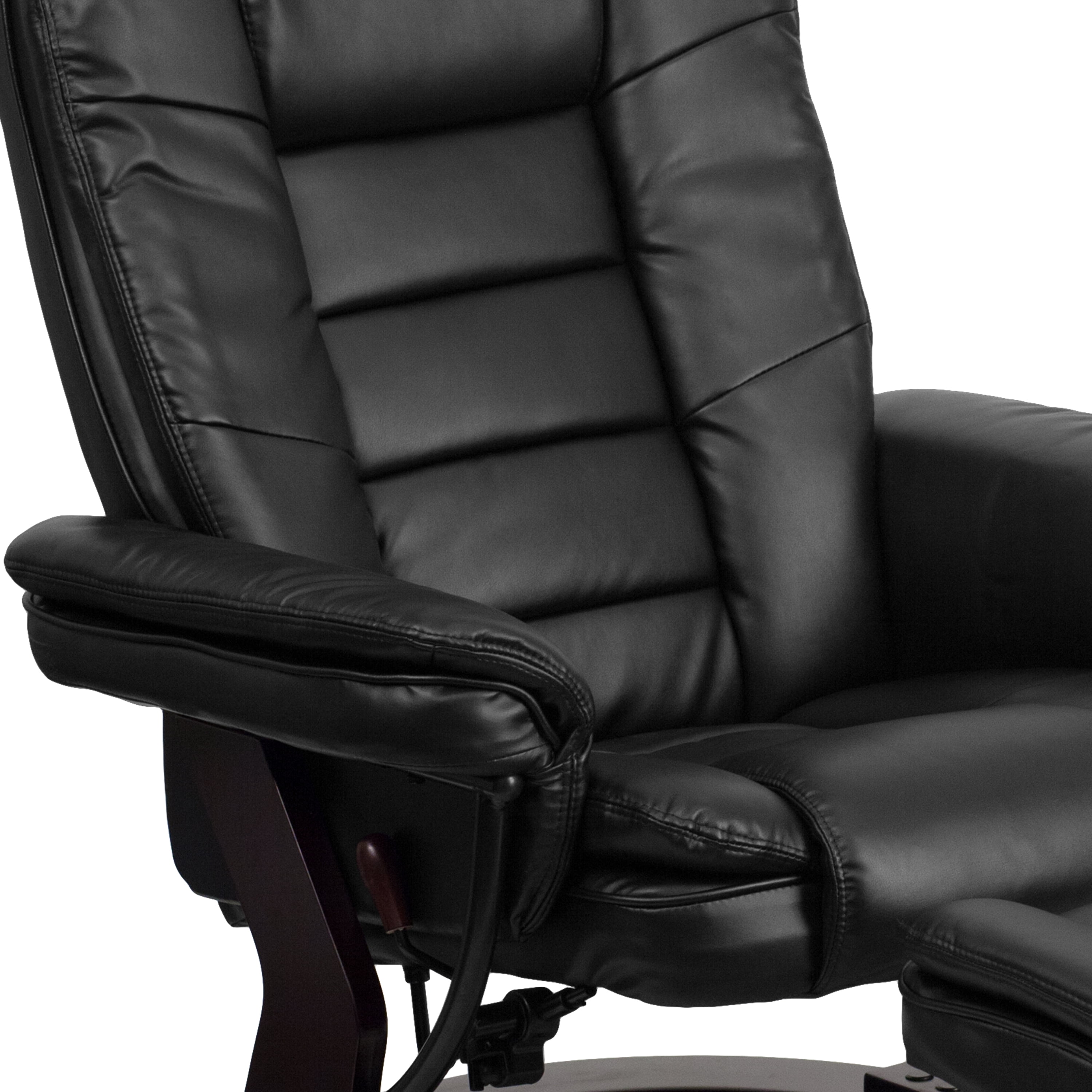 BizChair Contemporary Multi-Position Recliner with Horizontal Stitching and Ottoman with Swivel Mahogany Wood Base in Black LeatherSoft