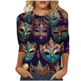 thumbnail image 2 of UPPADA Femmes T-Shirts à Manches 3/4 Mardi Gras Yall T-Shirts à Imprimé Floral Col Rond Blouse à devant Plissé Hauts d'Été Décontractés Chandail à Enfiler Haut Mode Fête Défilé Hauts pour Femmes Hauts à Manches 3/4 Économie, 2 of 5