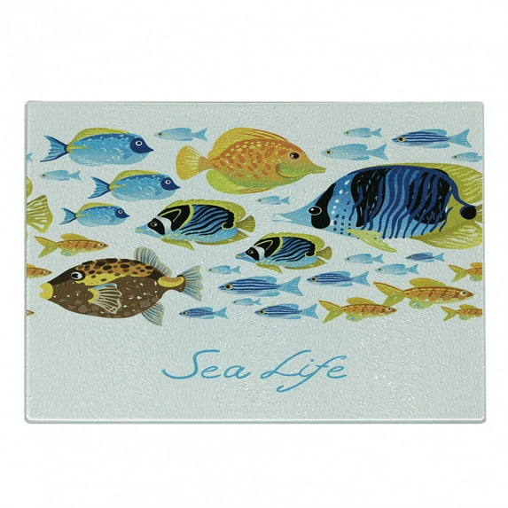 Fish Cutting Board, Vivid Underwater Wild Life Freshwater Tropical Animals Creatures Sea Theme Art, Decorative Tempered Glass Cutting and Serving Board, Small Size, Multicolor, by Ambesonne