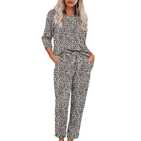 

Wrcnote Women With Pockets Leopard Print Sleepwear Casual Home Clothes Long Sleeve Loungewear Tops And Pants Pajamas Sets Style-G S