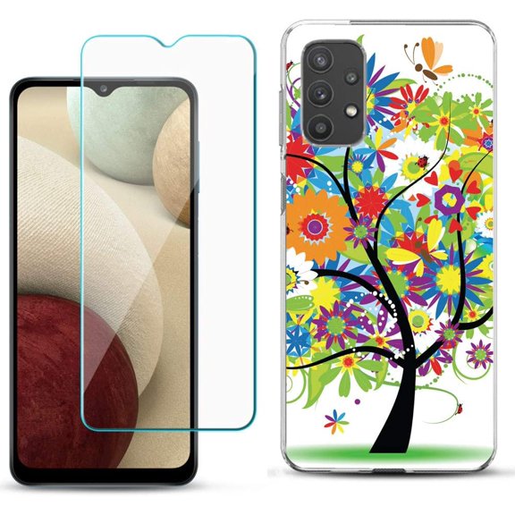 One Tough Shield Slim-Fit TPU Phone Case Compatible with Samsung Galaxy A32 5G, with Tempered Glass Screen Protector - Colorful Tree
