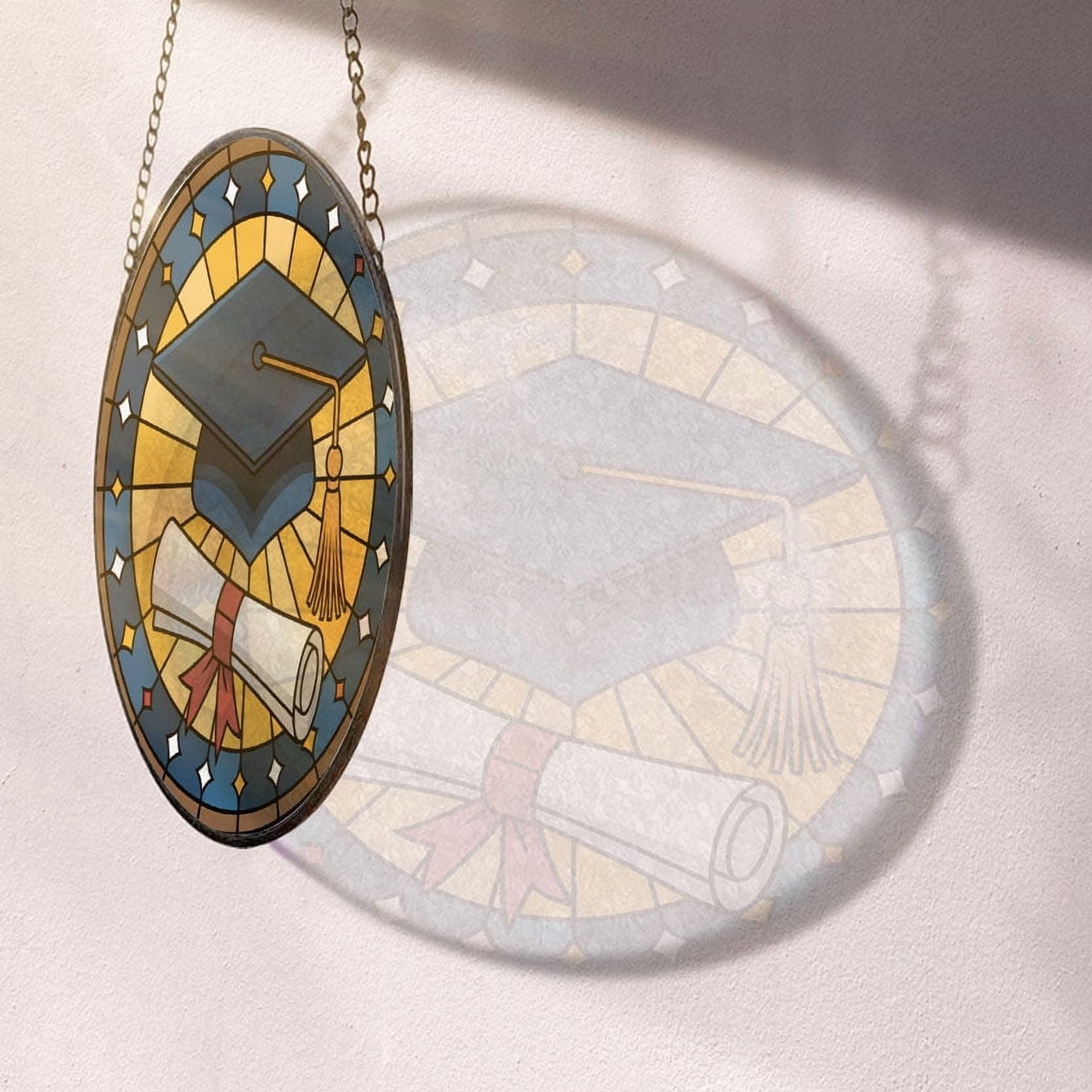 A Graduation Cap and Diploma Stained Glass Suncatcher Window Hanging – Holiday Window Hanging Gift with Custom Text for Family, Friends, Man & Woman, Christmas 2025 Tree Keepsake