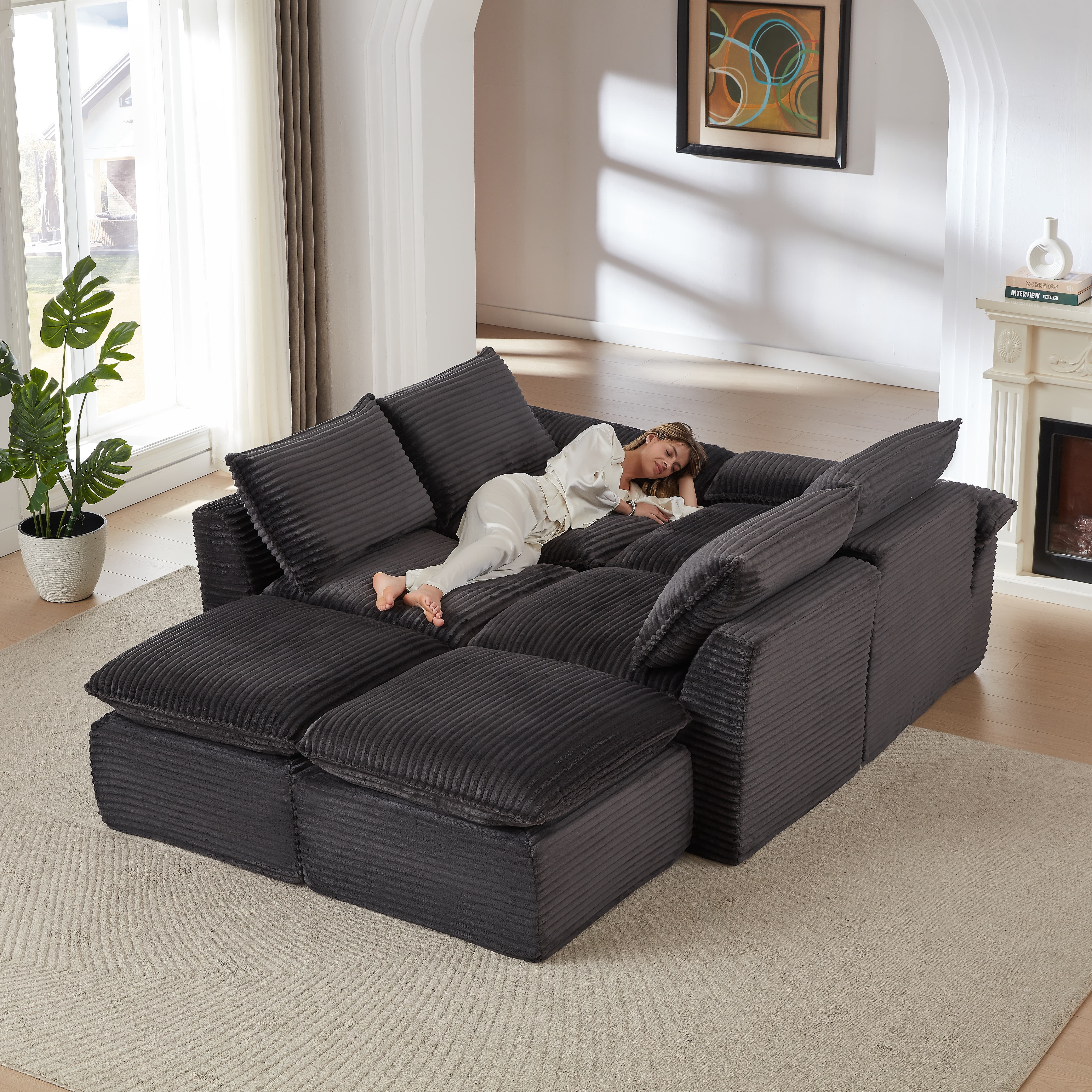 MAYEERTY Modern Modular Corduroy Sofa, Dark Gray Cloud-Soft Sectional Couch for Apartment