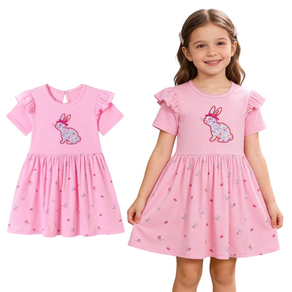 Easter Dresses for Girls Ruffle Short Sleeve Bunny Print Dress Crew Neck Mini Dress Girls Casual Dress Girls Outfits Size 6-7 Years
