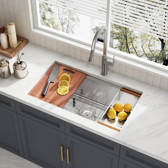 30 Inch Workstation Undermount Kitchen Sink Stainless Steel 16 Gauge Handmade Spacious Single Bowl Deep Sinks with Ledge and Accessories 30" x 18" x 10"