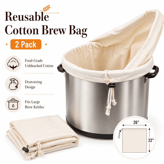 TAVENE 2 Pack 26" x 22" Brew Bag, 100% Unbleached Cotton Bag for Homebrewing, Reusable Drawstring Straining Fine Cheesecloth Bag for Fruit/Cider/Wine/Beer