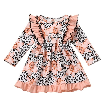 

Zlekejiko Girls Ruffles Kids Toddler Floral Ruched Baby Princess Leopard Print Dresses Girls Dress&Skirt