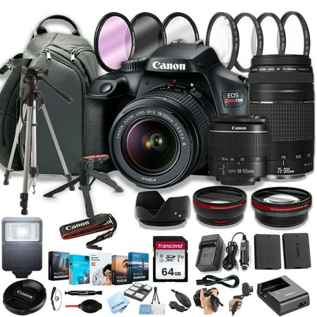 Canon EOS Rebel T100 DSLR Camera w/EF-S 18-55mm F/3.5-5.6 Zoom Lens + 75-300mm F/4-5.6 III Lens+ 64GB Memory Cards  Professional Photo Bundle (42pc Bundle)