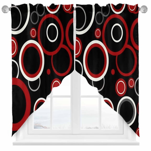 Abstract Red Swag Curtain Valance for Windows, Black Circle Modern Geometric Art Window Treatments Short Swag Topper for Kitchen Windows Bathroom Bedroom, 36"x45"