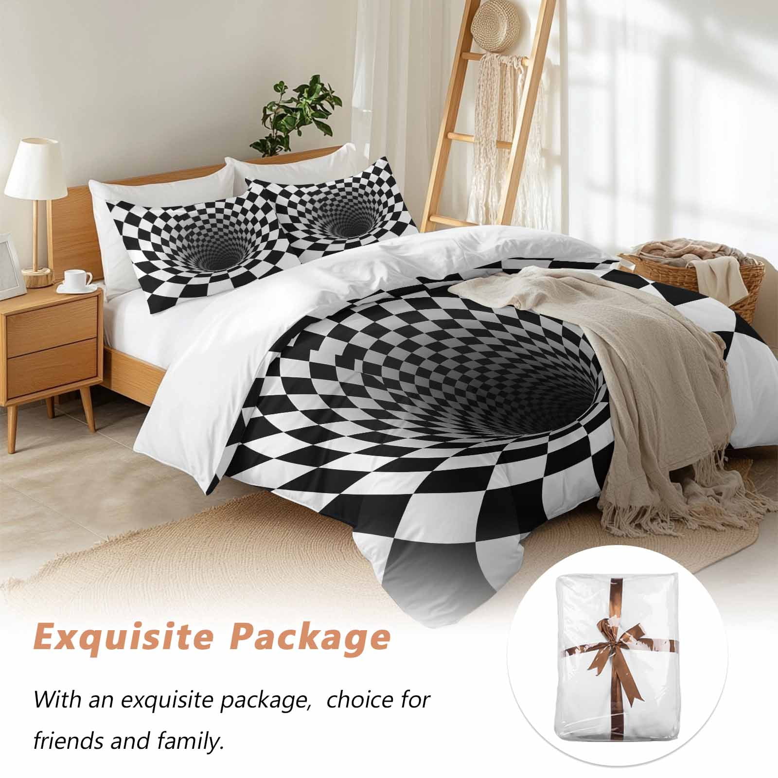 3D Optical Illusion Bedding 3 Piece Duvet Cover Set Queen Size, Black White Checkered Gingham Plaid Vortex Microfiber Comforter Cover with Zipper Closure & Pillowcases, FadeResistant Quilt Cover