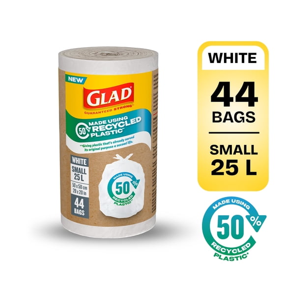 Glad White Garbage Bags - Small 25 Litres - Made using 50% Recycled Plastic, 44 Trash Bags