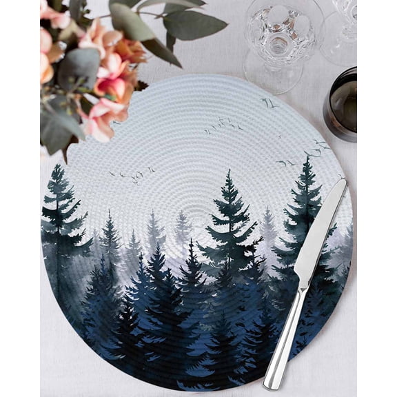 13 Inch Round Placemats Set of 4, Forest Non Slip Heat Insulation PP Table Mats, Dark Blue Fall Bird Vintage Farmhouse Tree Washable Place Mats for Kitchen Dining Party Table Decor