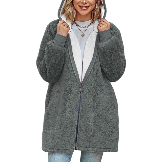 Chaqueta larga de polar con capucha para mujer, abrigo de felpa esponjosa de manga larga de talla grande, chaqueta de polar de peluche cálida, sudadera con capucha de invierno, cárdigan (XL)