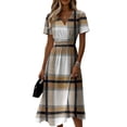 thumbnail image 3 of Laqbezok Plaid Short Sleeve Midi Dress, Elegant Ruched High Waist Slimming Check Dress, Casual V-Neck A-Line Flare Fashion Outfit, Classic Tartan Sun Dress, 3 of 6