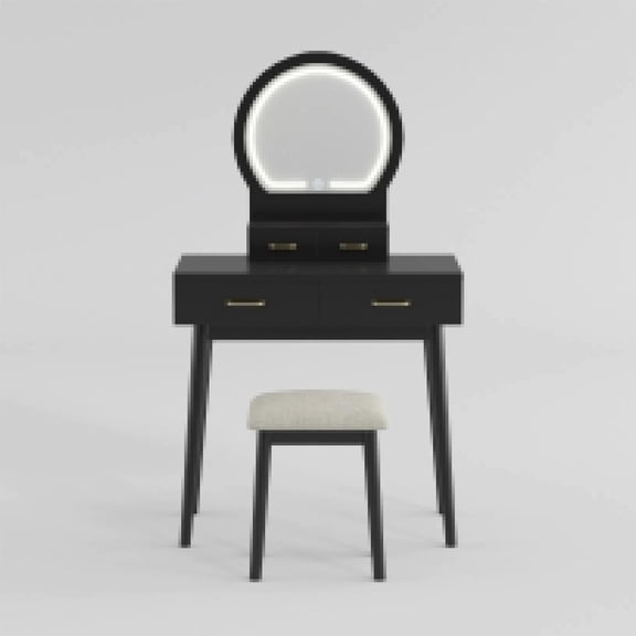Anvy Vanity Desk Set with Mirror and Stool- 4 Drawers- Black Wood