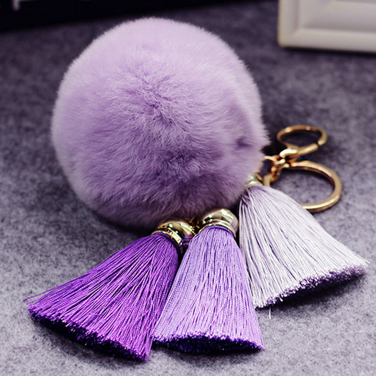 Lovely Grape Pom Poms Keychains Fluffy Pompoms Keychain Rex Rabbit Fur Pompoms  Keyring Car Key Chain Pendant Accesses (2pcs Light Purple + Dark Pur
