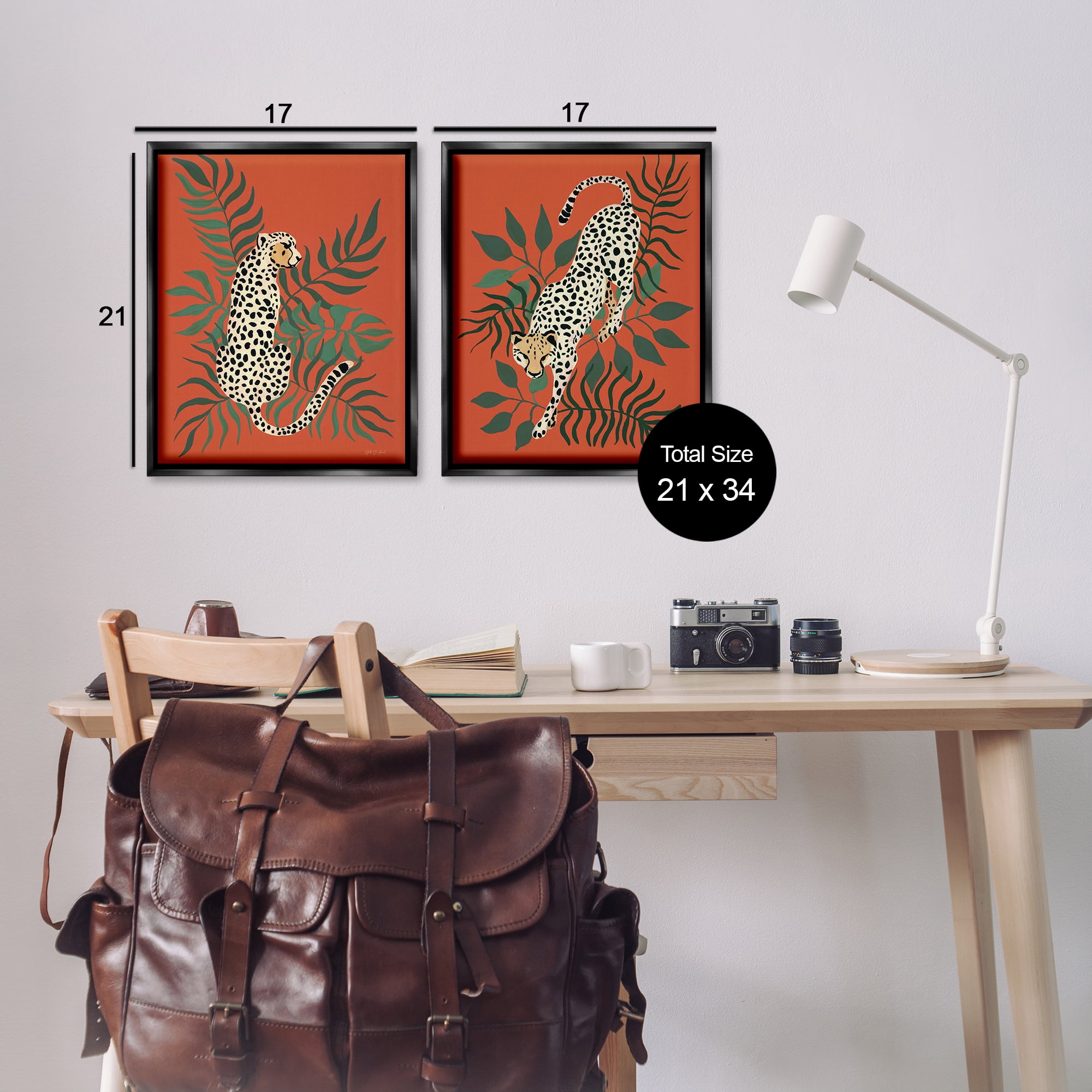 Stupell Industries Sitting Cheetah Prowling Jungle Animals Painting Black Floater Framed Canvas Art Print Wall Art, 17 x 21, Set of 2