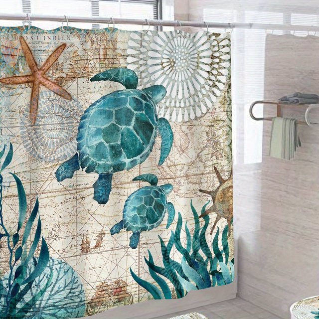 1pc Turtile Pattern Shower Curtain With Hooks, Waterproof And Mildew-Proof Fabric Bath Curtain, Bathroom Decor, Curtain For Windows, 59*70.86in