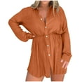 thumbnail image 1 of Aqestyerly Combinaisons Habillées pour Femmes Mode Femmes Décontracté Col en V Bouton Uni Manches Longues Chemise Combinaison Courte, 1 of 8