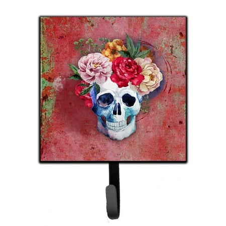 Carolines Treasures Day of the Dead Red Flowers Skull Leash or Key Holder - Red - 6in. H x 1.25in. W x 4.25in. L