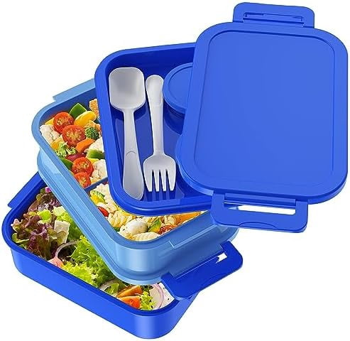 Adult Bento Lunch Box - 3 Layers Stackable Bento Lunch Box for Adults, 72oz Large All-in-One Bento Box Leak-Proof Lunch boxes with Utensil Sauce Containers, Ideal for Dining Out,Work, Blue