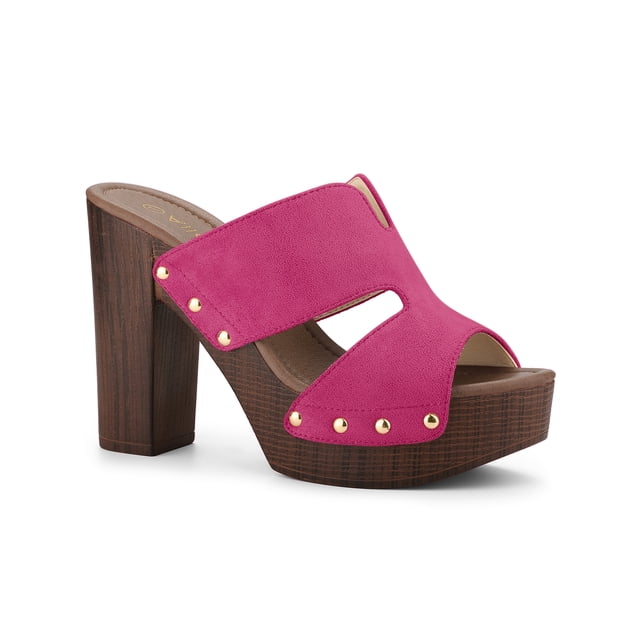 BLISSFUL STEP Women's Faux Suede Platform High Block Heel Slides Sandals Hot Pink (Size 5.5)